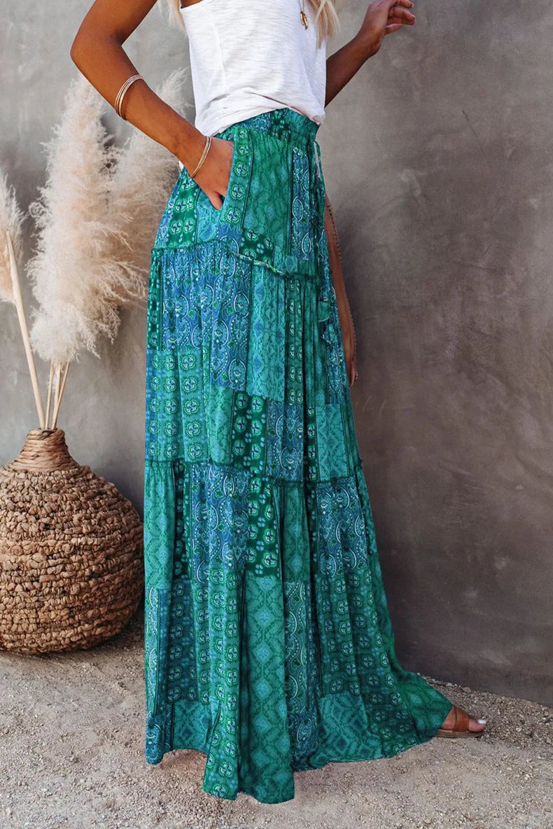 Kaleidoscope Dream: Boho Patchwork Print Maxi Skirt