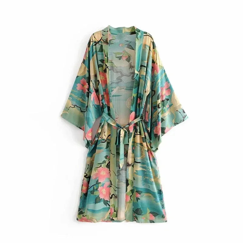 Vintage Green Crane Floral Kimono – Boho Sash Robe with Batwing Sleeves