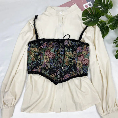 Boho Floral Lace-Up Corset Crop Top – Adjustable Fit