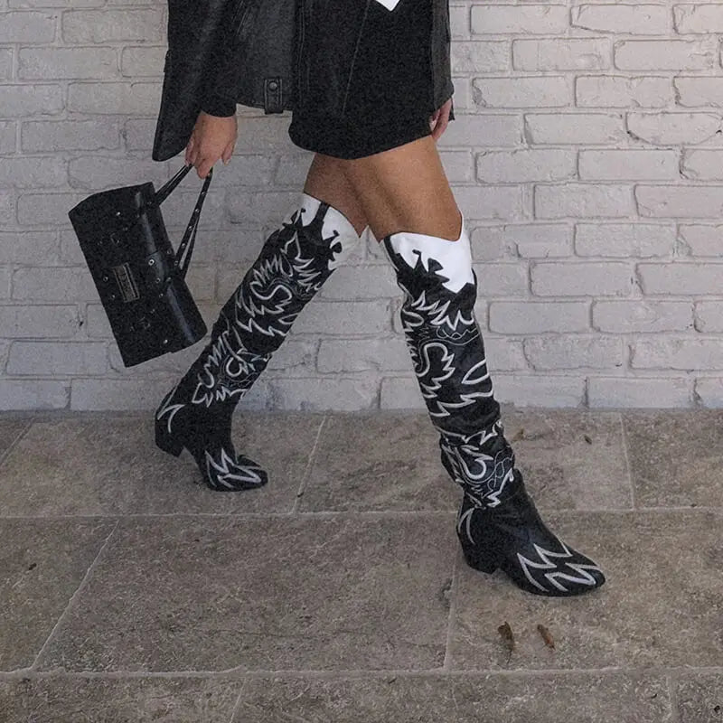 Flame Stitch Knee-High Cowboy Boots