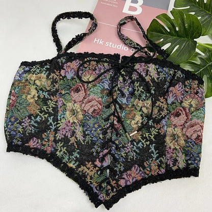 Boho Floral Lace-Up Corset Crop Top – Adjustable Fit