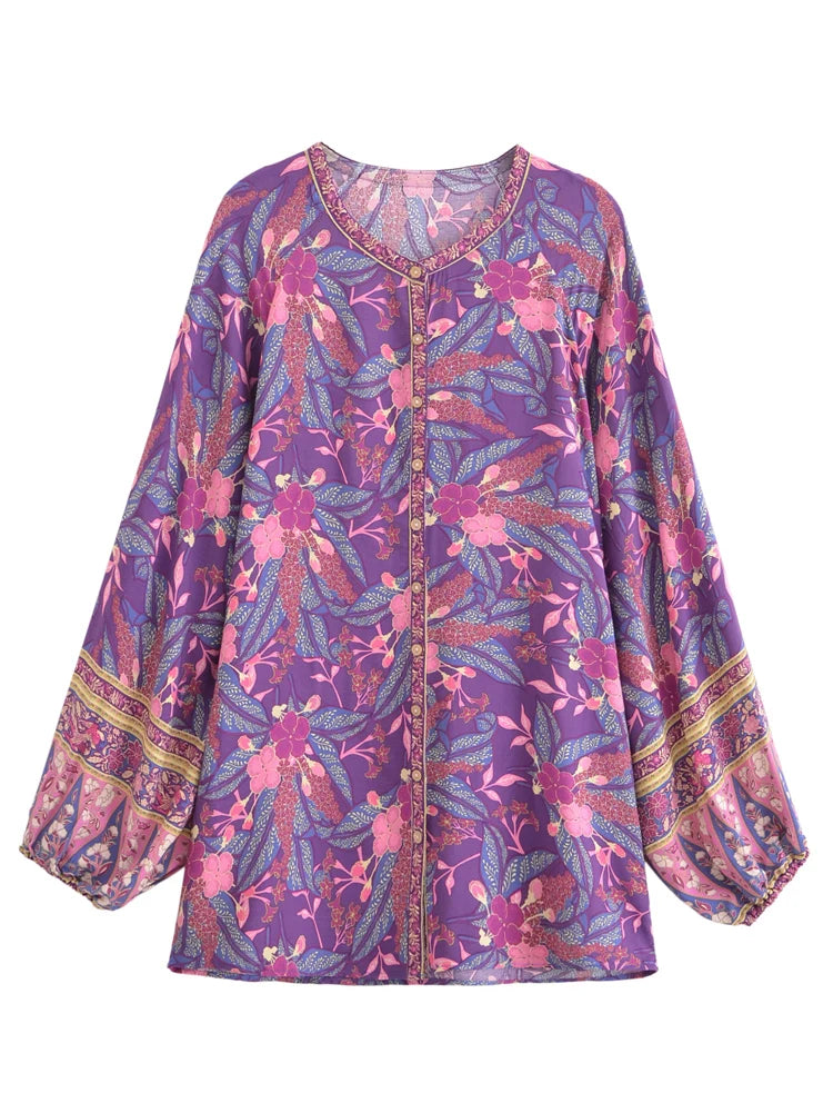 Purple Feather Boho Blouse – Button Detail &amp; Flowy Fit