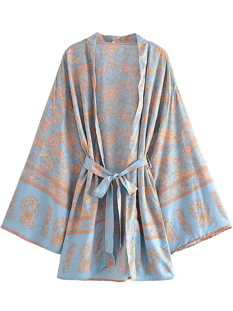 Boho Floral Print Kimono – Short Robe Cover-Up with Sash & Batwing Sleeves