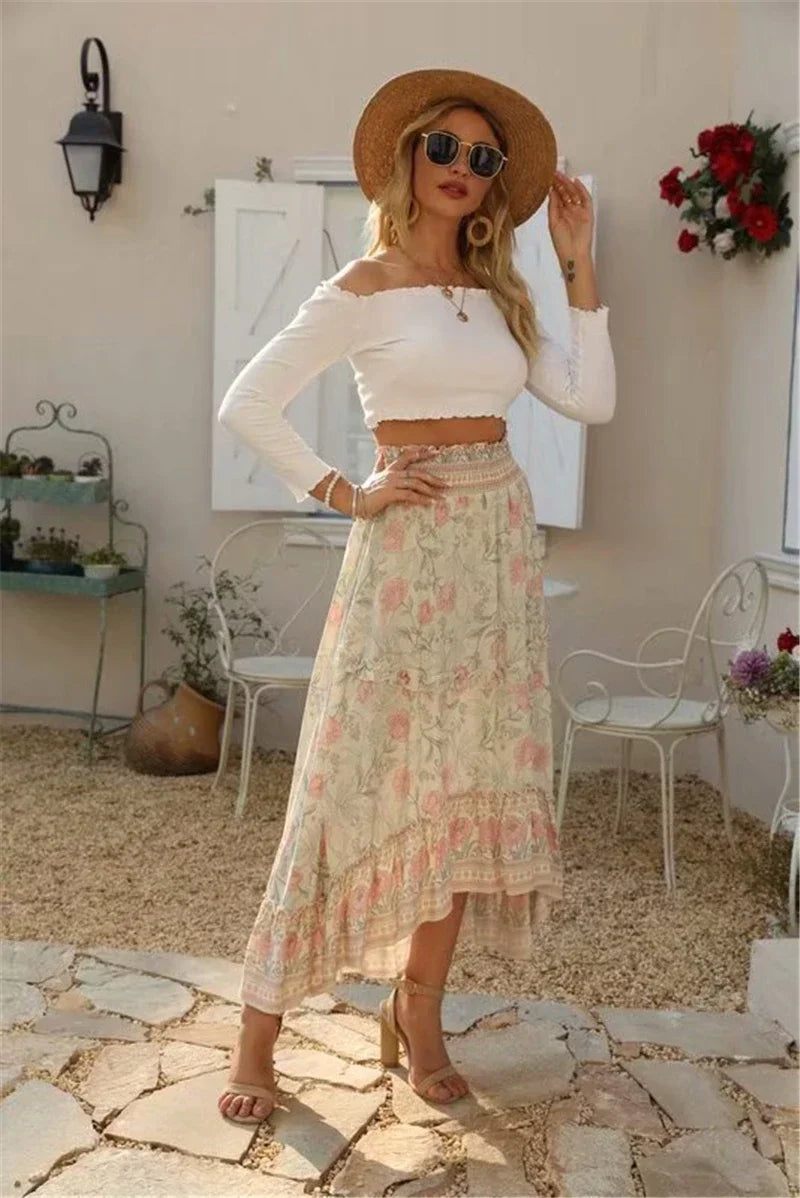 Boho Floral Peacock Print Maxi Skirt – High Waist A-Line Beach Skirt