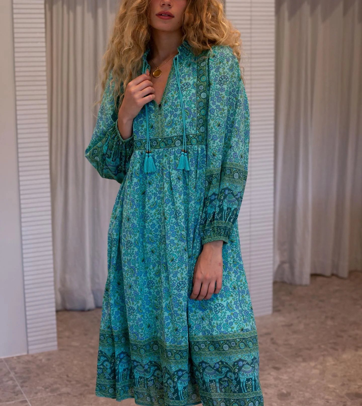 Emerald Breeze Boho Midi Dress