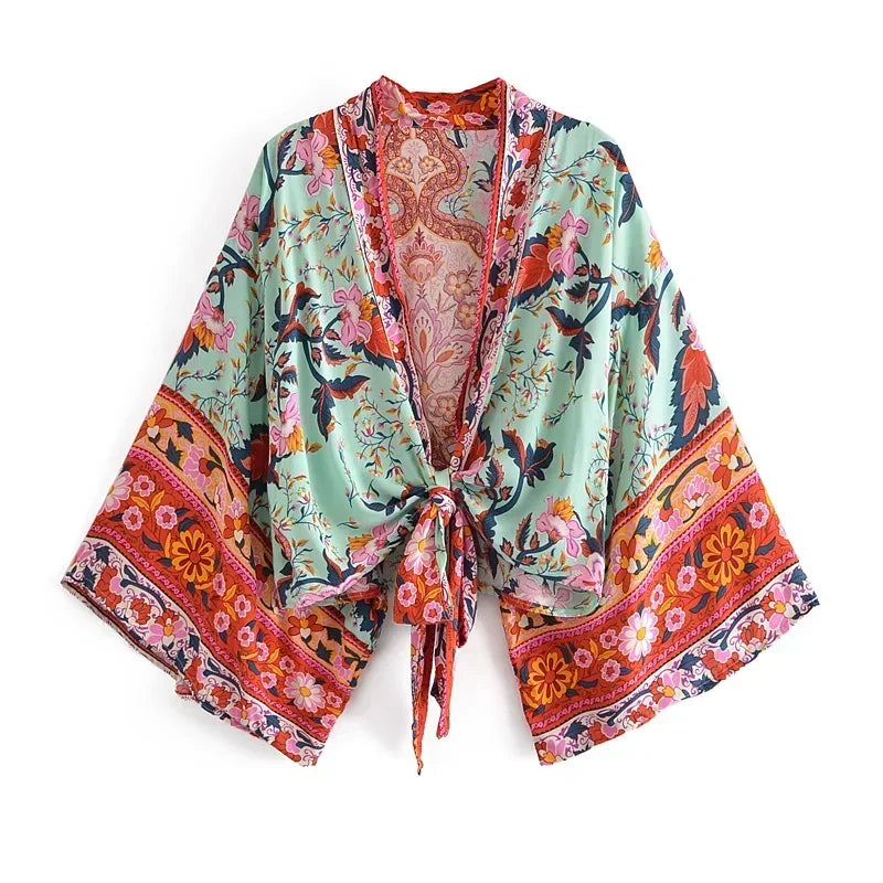 Boho Tie-Front Floral Kimono – Lightweight Rayon Beach Cover-Up