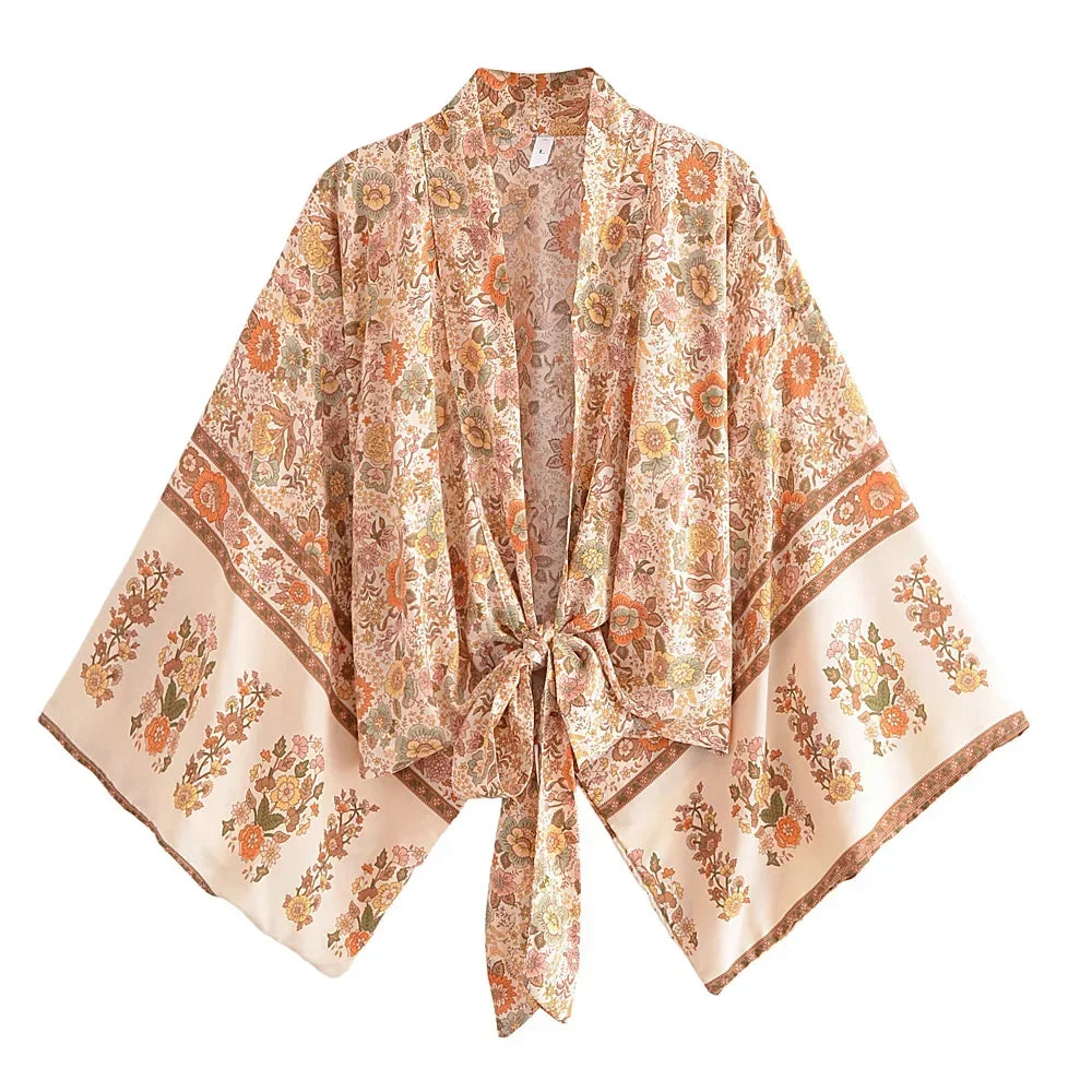 Boho Tie-Front Floral Kimono – Lightweight Rayon Beach Cover-Up