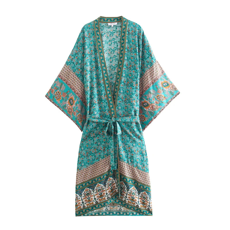 🌿 Boho Turquoise Kimono Dress