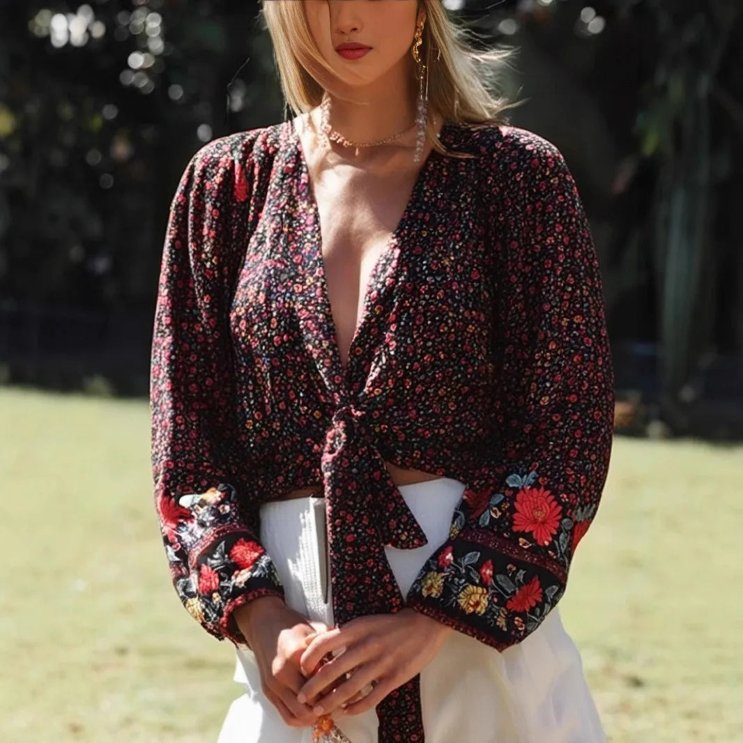 Boho Noir Garden Tie-Front Blouse