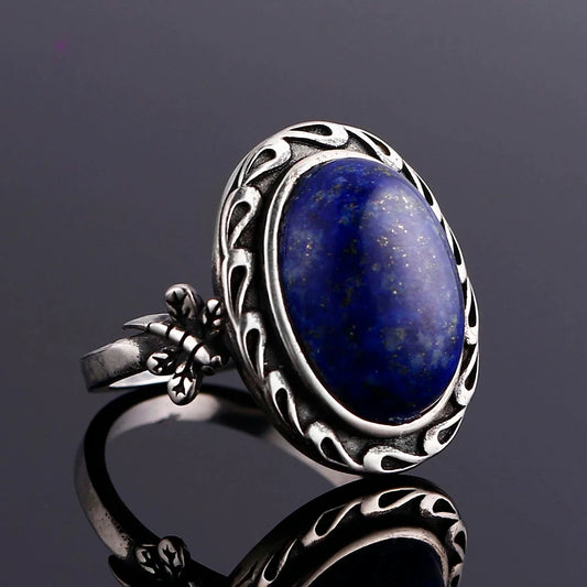 🐉 Natural Lapis Lazuli Dragonfly Ring – 925 Sterling Silver (Sizes 5–12)