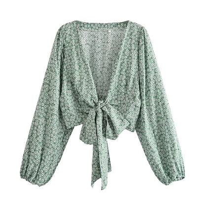 Boho Green Tie-Front Blouse – Rayon Cotton Blend