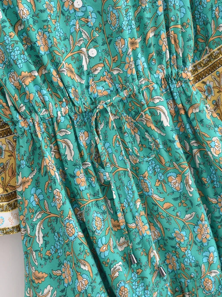 Azure Bloom: Boho Floral Print Mini Dress with Border Detail