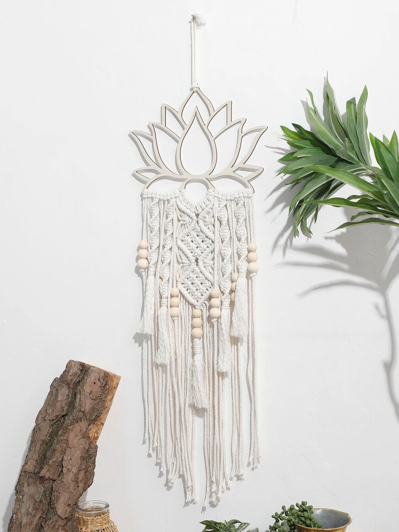 Serene Lotus: Boho Macrame Wall Hanging with Wooden Beads