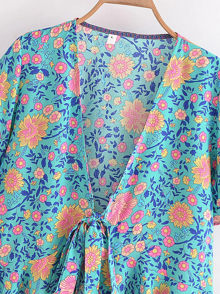 Boho Tie-Front Floral Crop Top – Cotton & Rayon