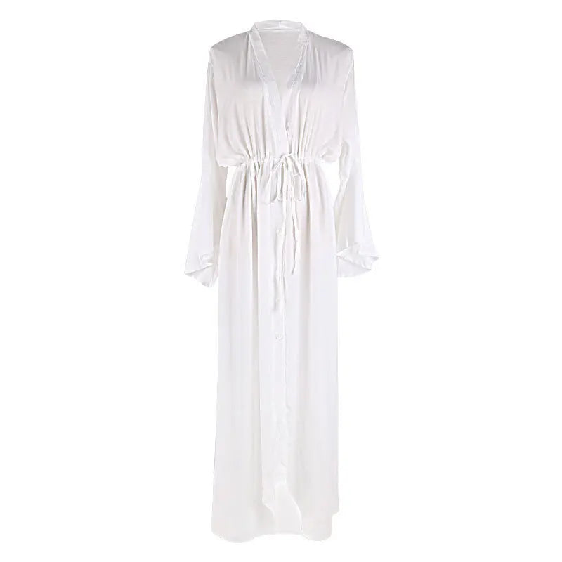 Boho Cotton Maxi Beach Cover-Up – Deep V-Neck Vacation Robe Dress