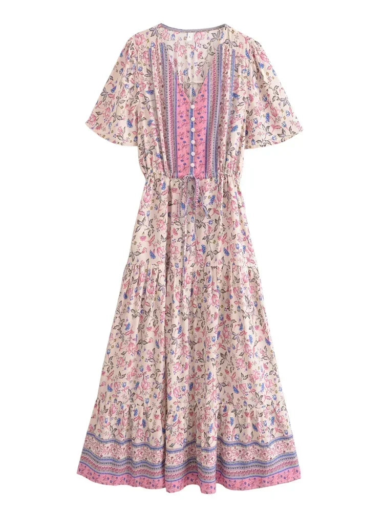 🌼 Boho Bloom Button-Front Midi Dress