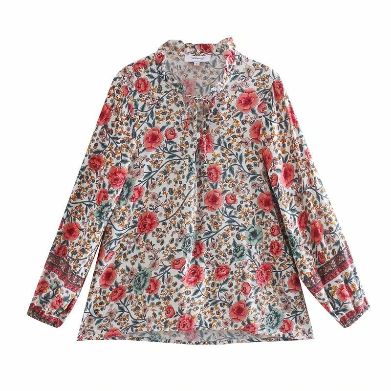 Boho Floral Button-Up Blouse – Rayon Cotton Blend